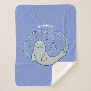 Cute happy seal and fish cartoon illustration sherpa blanket
