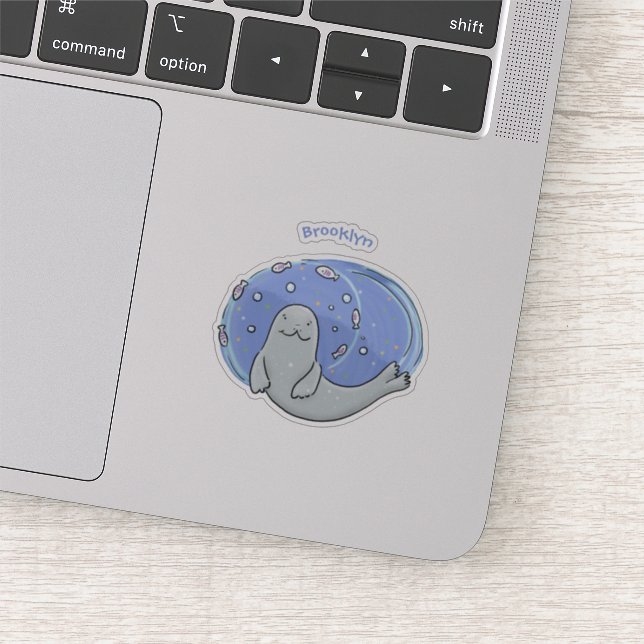 Cute happy seal and fish cartoon illustration sticker (Detail)