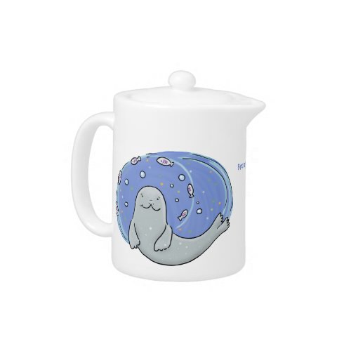 Cute happy seal and fish cartoon illustration teapot