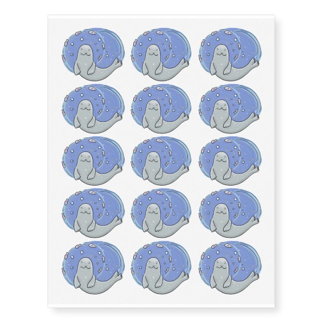 Cute happy seal and fish cartoon illustration temporary tattoos (Front)