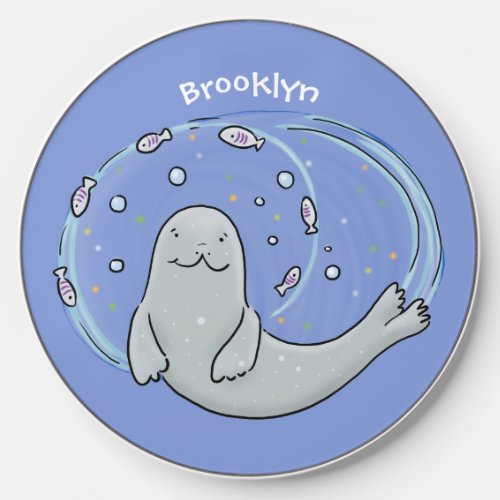 Cute happy seal and fish cartoon illustration wireless charger 