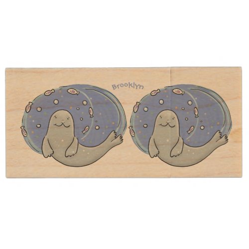 Cute happy seal and fish cartoon illustration wood flash drive