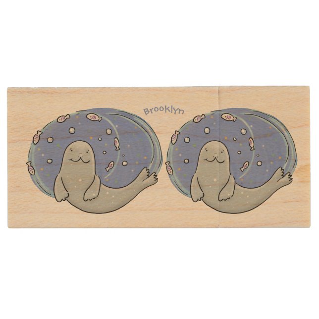 Cute happy seal and fish cartoon illustration wood flash drive (Front)