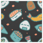 Cute happy seamless sushi pattern on black fabric