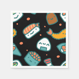 Cute happy seamless sushi pattern on black paper napkins