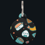 Cute happy seamless sushi pattern on black pet name tag<br><div class="desc">Cute funny happy seamless sushi pattern on black background</div>