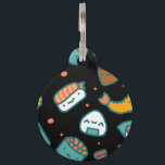 Cute happy seamless sushi pattern on black pet name tag<br><div class="desc">Cute funny happy seamless sushi pattern on black background</div>