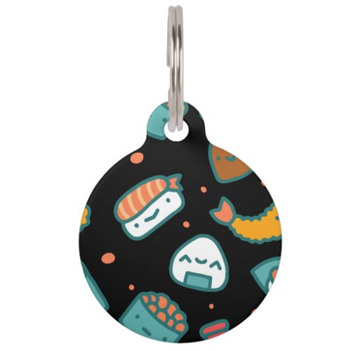 Cute happy seamless sushi pattern on black pet name tag