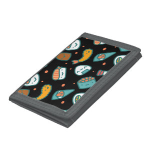 Cute happy seamless sushi pattern on black trifold wallet
