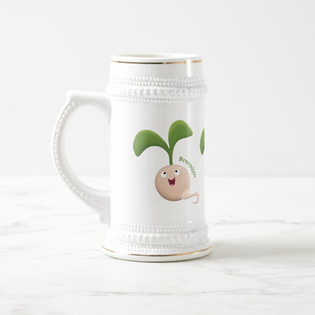 Cute happy seed sprout cartoon illustration beer stein (Left)