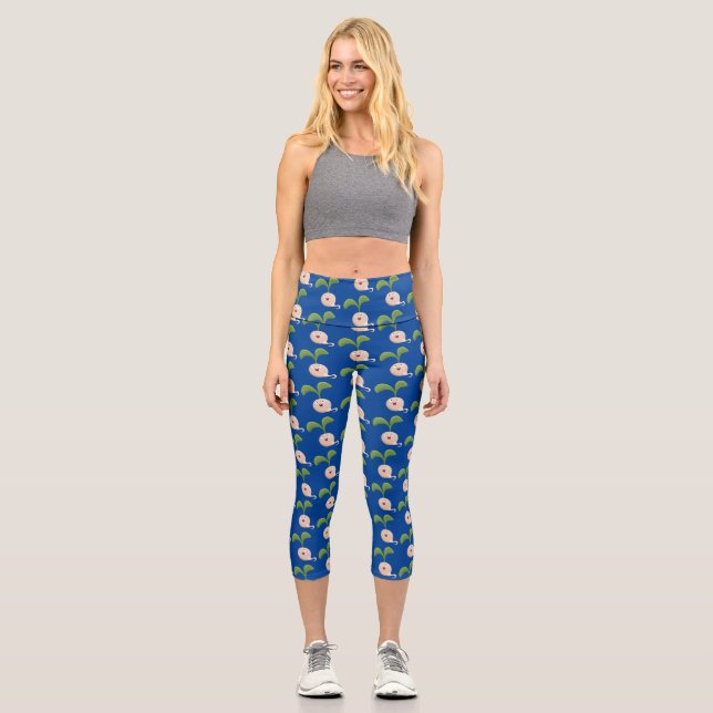 Cute happy seed sprout cartoon illustration capri leggings (Front)