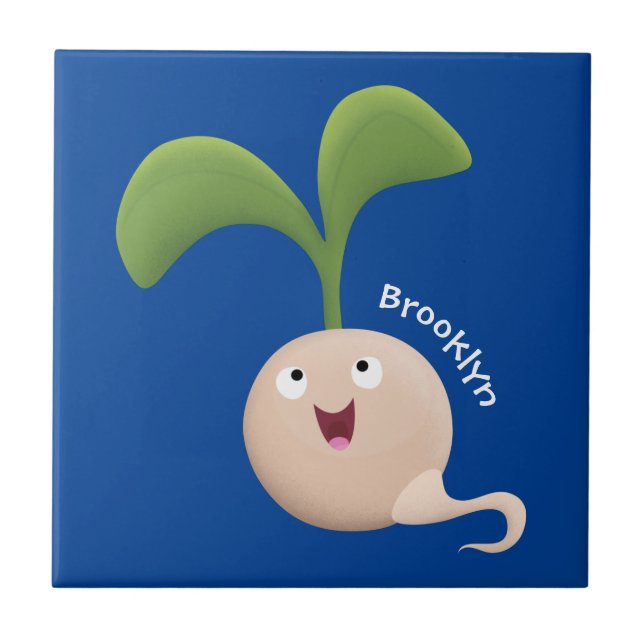 Cute happy seed sprout cartoon illustration ceramic tile (Front)