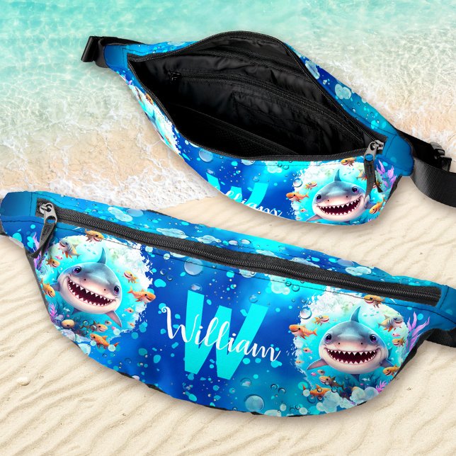 Cute Happy Shark Ocean Blue Summer Vacation Name Fanny Pack (Cute Happy Shark Ocean Blue Summer Vacation Name Fanny Pack)