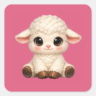Cute Happy Sheep with Big Eyes Kawaii Farm Animal Square Sticker