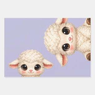 Cute Happy Sheep with Big Eyes Kawaii Farm Animal Wrapping Paper Sheets