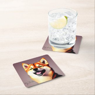 Cute Happy Shiba Custom Portrait Photo and Name Square Paper Coaster