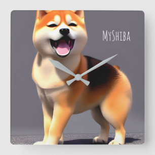 Cute Happy Shiba Inu Custom Portrait Photo & Name Square Wall Clock