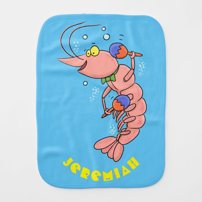Cute happy shrimp, prawn cartoon baby burp cloth (Front)