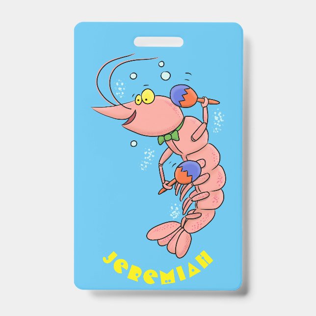 Cute happy shrimp, prawn cartoon badge (Front)