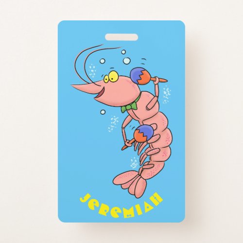 Cute happy shrimp prawn cartoon badge