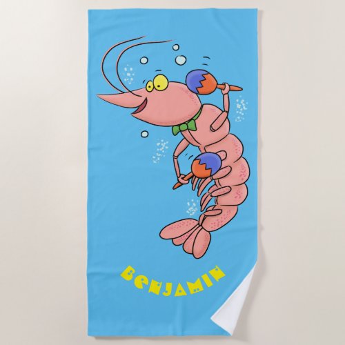 Cute happy shrimp prawn cartoon beach towel