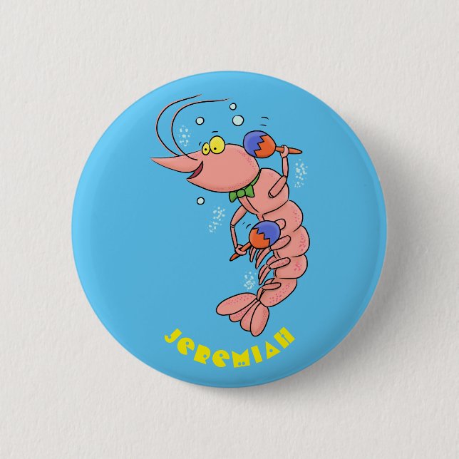Cute happy shrimp, prawn cartoon button (Front)