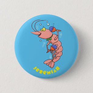 Cute happy shrimp, prawn cartoon button