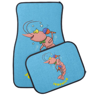 Cute happy shrimp, prawn cartoon car floor mat