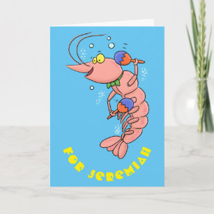 Cute happy shrimp, prawn cartoon card
