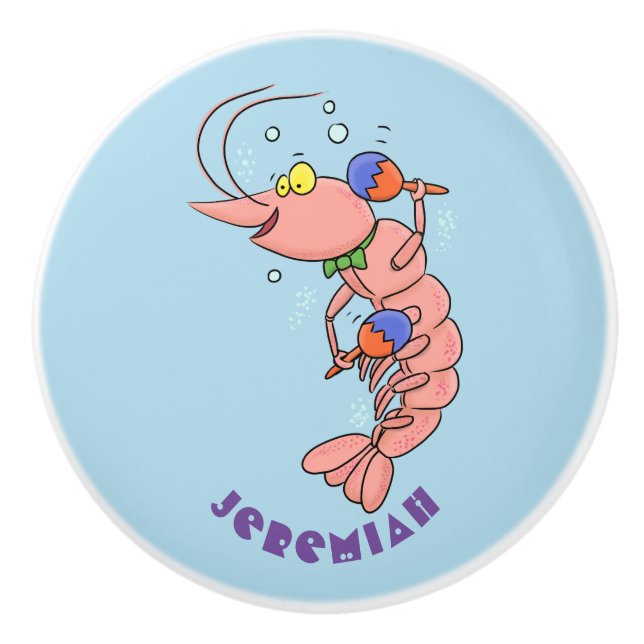 Cute happy shrimp, prawn cartoon ceramic knob (Front)