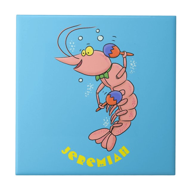 Cute happy shrimp, prawn cartoon ceramic tile (Front)