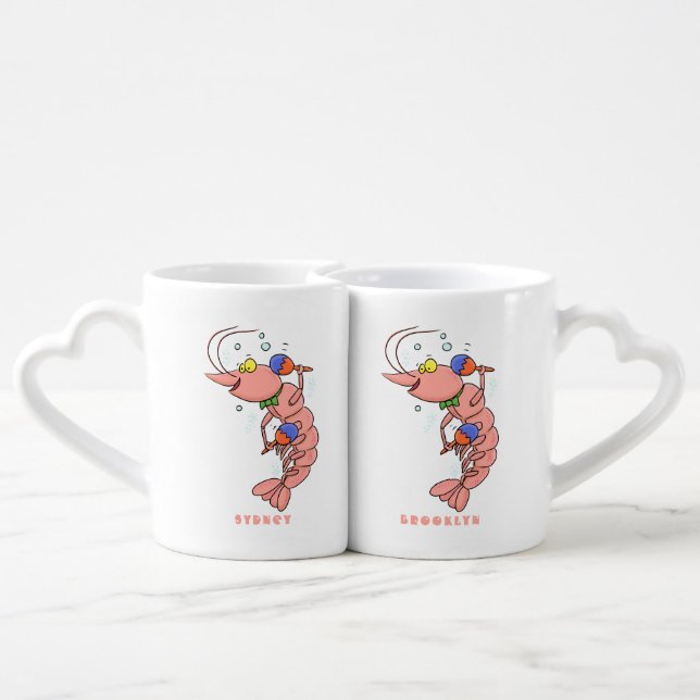 Cute happy shrimp, prawn cartoon coffee mug set (Back Nesting)