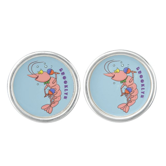Cute happy shrimp, prawn cartoon cufflinks (Front)