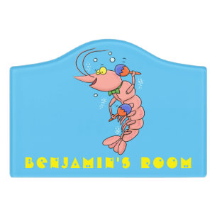 Cute happy shrimp, prawn cartoon door sign