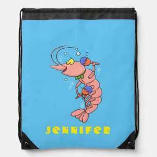 Cute happy shrimp, prawn cartoon drawstring bag