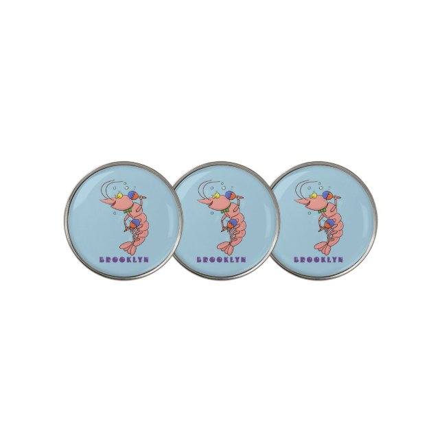 Cute happy shrimp, prawn cartoon golf ball marker (3 Up)