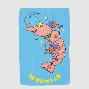 Cute happy shrimp, prawn cartoon golf towel