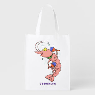 Cute happy shrimp, prawn cartoon grocery bag