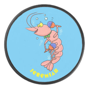 Cute happy shrimp, prawn cartoon hockey puck