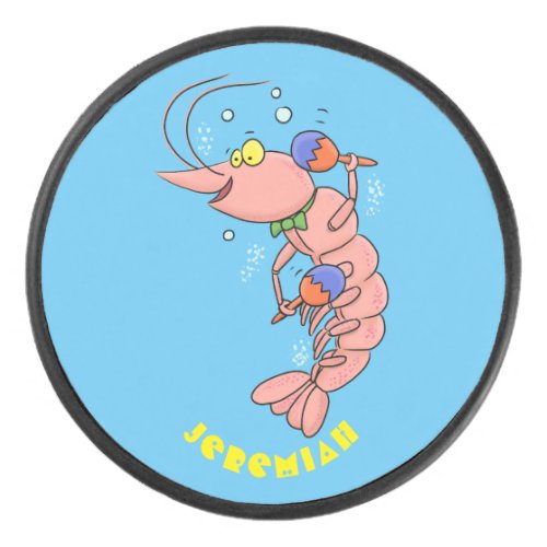 Cute happy shrimp prawn cartoon hockey puck