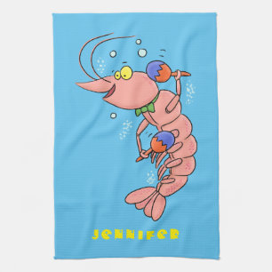 Cute happy shrimp, prawn cartoon kitchen towel