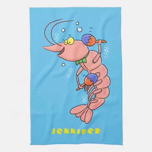 Cute happy shrimp, prawn cartoon kitchen towel (Vertical)