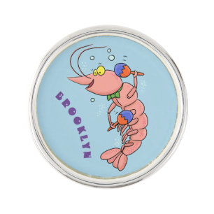 Cute happy shrimp, prawn cartoon lapel pin