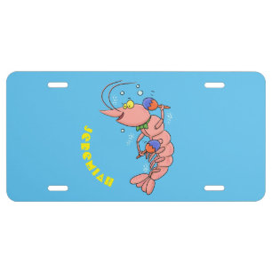Cute happy shrimp, prawn cartoon license plate