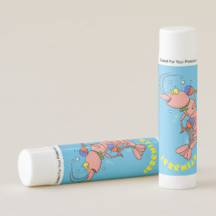 Cute happy shrimp, prawn cartoon lip balm