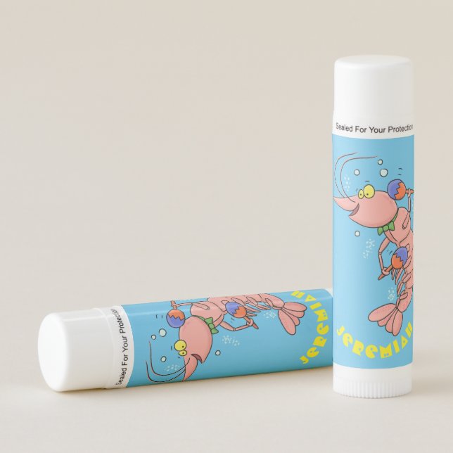 Cute happy shrimp, prawn cartoon lip balm (Front)