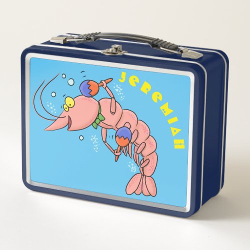 Cute happy shrimp prawn cartoon metal lunch box