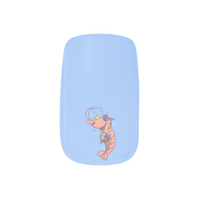 Cute happy shrimp, prawn cartoon minx nail art (Left Thumb)