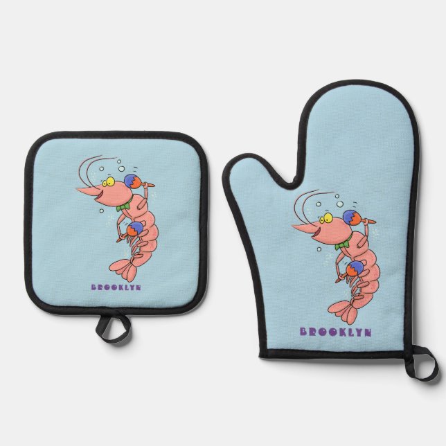 Cute happy shrimp, prawn cartoon oven mitt & pot holder set (Front)