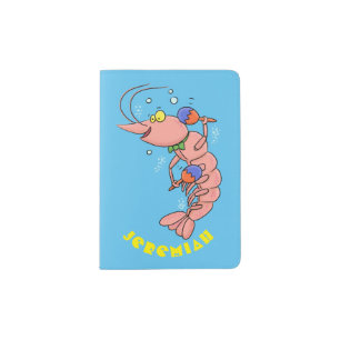 Cute happy shrimp, prawn cartoon passport holder